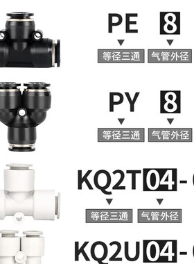 黑色T型三通等径变径 PE/PY/KQ2T/KQ2HT4-6-8-10-12快插速接头