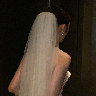 Mi唐手作米白色头纱新娘主婚纱领证求婚结婚头纱高级感大拖尾软纱