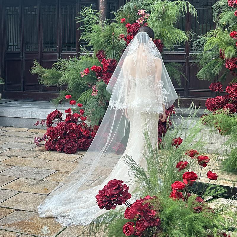 Mi唐手作蕾丝花边头纱新娘主婚纱