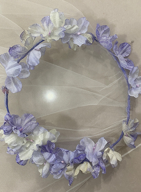 Mi唐手作紫色花环头纱韩国纱小众新娘婚礼领证求婚用造型设计感