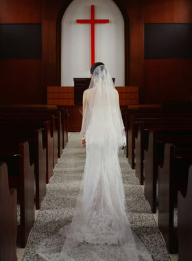 Mi唐手作蕾丝花边头纱新娘主婚纱
