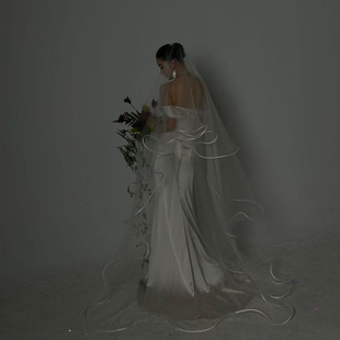 Mi唐手作婚礼头纱新娘主婚纱领证求婚头纱高级感大拖尾软纱波浪边