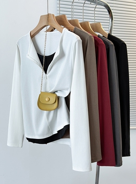 假两件V领长袖t恤打底衫女春秋新款大码胖mm显瘦今年流行爆0110r1