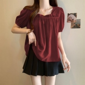 泡泡袖 方领娃0201w 胖mm显瘦遮肚子减龄法式 雪纺衬衫 女春夏大尺码