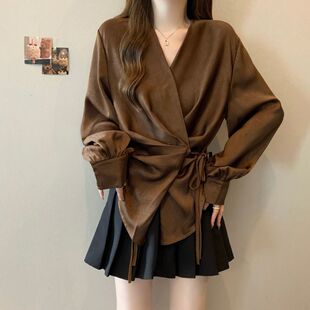 大尺码 女春秋款 胖mm感收腰气质0325z1 衬衫 高级感感系带缎面长袖