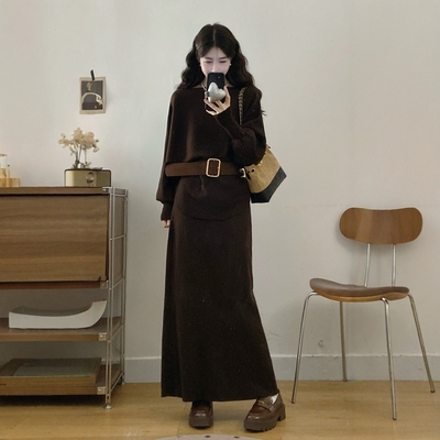 新品大码女装胖mm秋冬一字领不规则蝙蝠袖针织毛衣半身裙两件套装