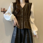 感插肩长袖 上衣0201w 胖妹妹显瘦收腰遮肚子法式 V领衬衫 女大尺码