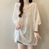 t恤打底衫 女夏2026新款 大尺码 镂空连帽短袖 胖mm中长版 宽松上0201w