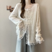 蕾丝花边长袖 国风盘扣上0201w 胖mm感新中式 针织衫 女早2026大尺码