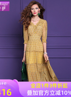 菲梦伊100桑蚕丝碎花连衣裙女夏装法式甜美钉珠印花双绉真丝裙子