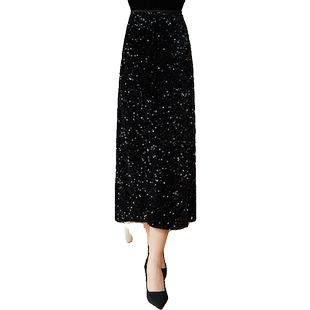 菲梦伊黑色金丝绒亮片半身裙女中长款冬装高腰显瘦气质A字礼服裙