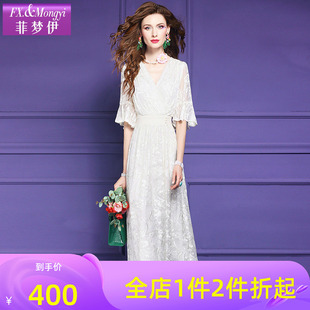 菲梦伊100桑蚕丝连衣裙女喇叭袖 重磅高端顺纡真丝绣花长裙子 夏装
