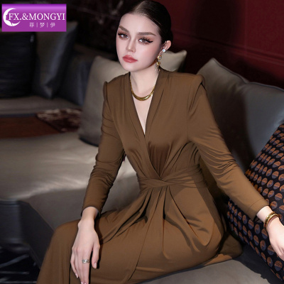 菲梦伊咖啡色连体裤女长袖秋季高级设计感褶皱收腰宽松职业阔腿裤