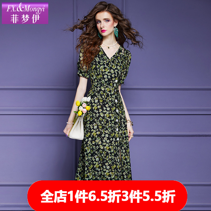 菲梦伊乔其纱碎花连衣裙女夏季法式高腰显瘦V领开叉海边度假裙子