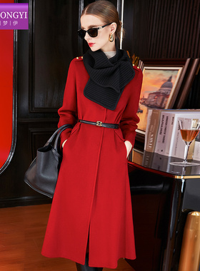 【直播专享】菲梦伊红色羊毛大衣女冬季本命年中长毛呢外套送围脖