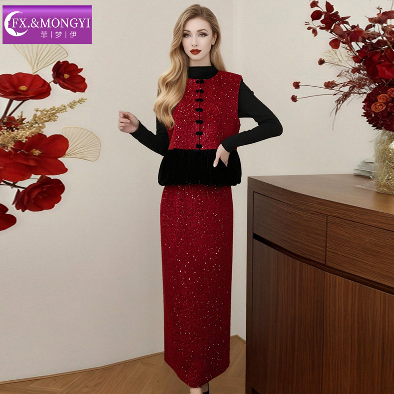 菲梦伊名媛小香风套装三件套女冬季黑色打底衫配红色烫钻马甲半裙,女装/女士精品,时尚套装,淘宝优惠券,粉丝福利购,淘宝优惠卷