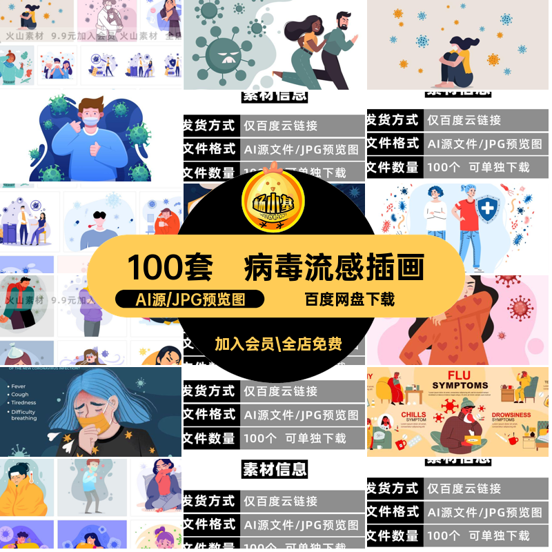 手绘卡通扁平风病毒流感感冒发烧生病人物插画海报矢量AI设计素材