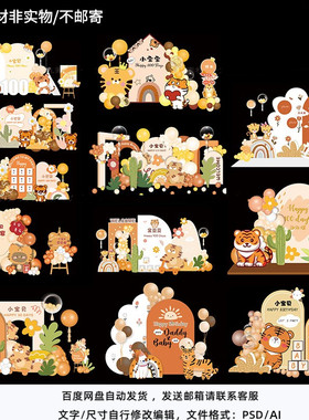 森系黄橙色卡通小老虎主题宝宝宴百天周岁生日派对背景KT设计素材