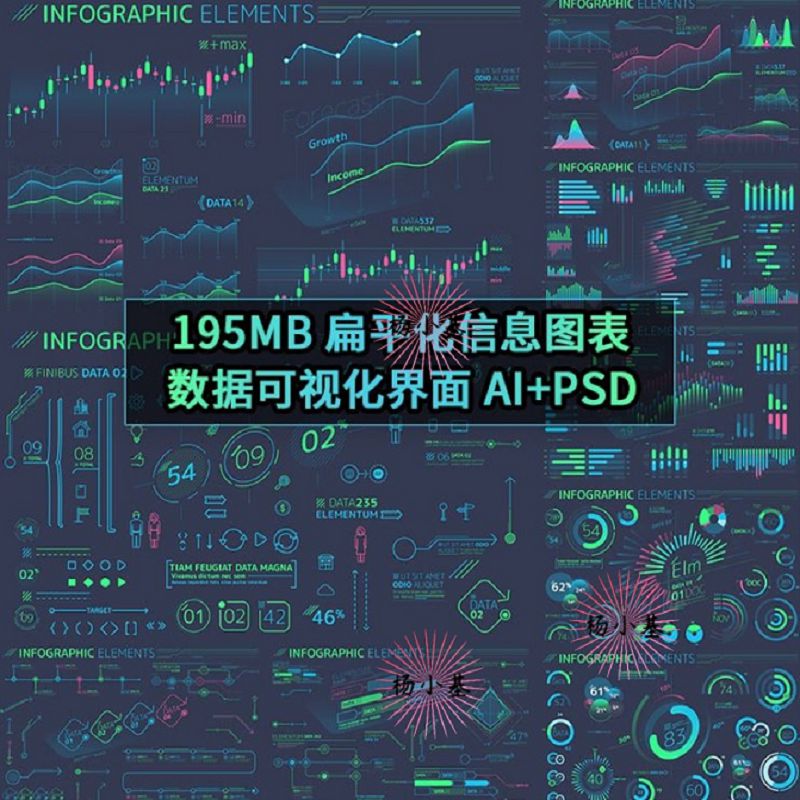 扁平化风格信息图表科幻科技数据UI可视化AI矢量PSD模板设计素材