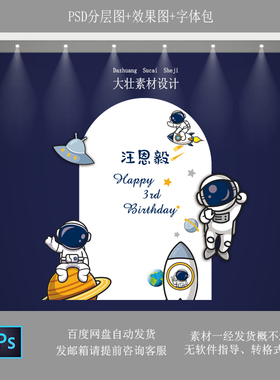 太空宇航员主题生日派对宝宝宴满月百天白色背景火箭星球设计素材