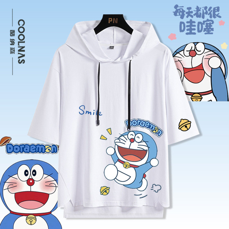 哆啦A梦机器猫联名叮当卡通连帽短袖t恤男女宽松五分袖情侣衣服夏