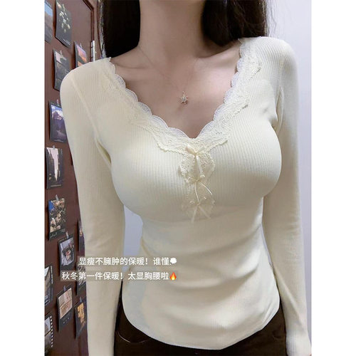 蕾丝V领德绒打底衫女秋冬内搭短款小衫修身磨毛上衣加绒保暖T恤