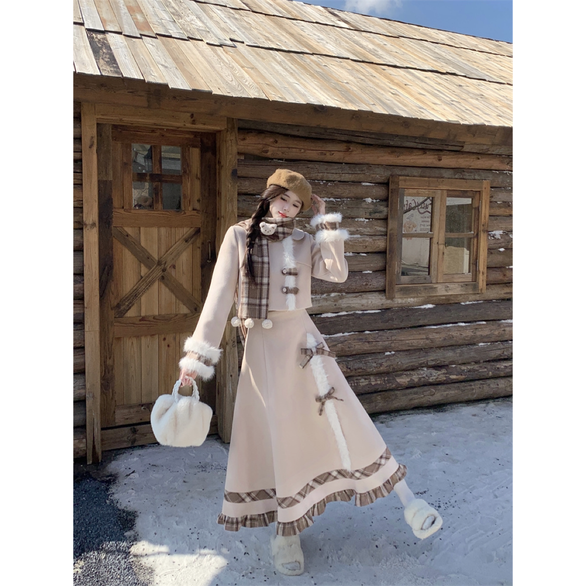 大码高级感甜美气质套装女冬季格子毛呢外套胖MM显瘦半身裙两件套