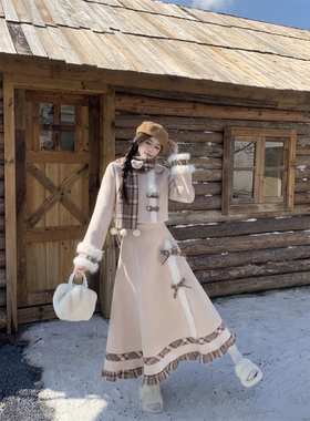 大码高级感甜美气质套装女冬季格子毛呢外套胖MM显瘦半身裙两件套