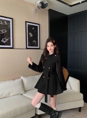 早秋2025年爆款名媛风网红爆款显瘦围脖设计黑色风衣外套女装大衣