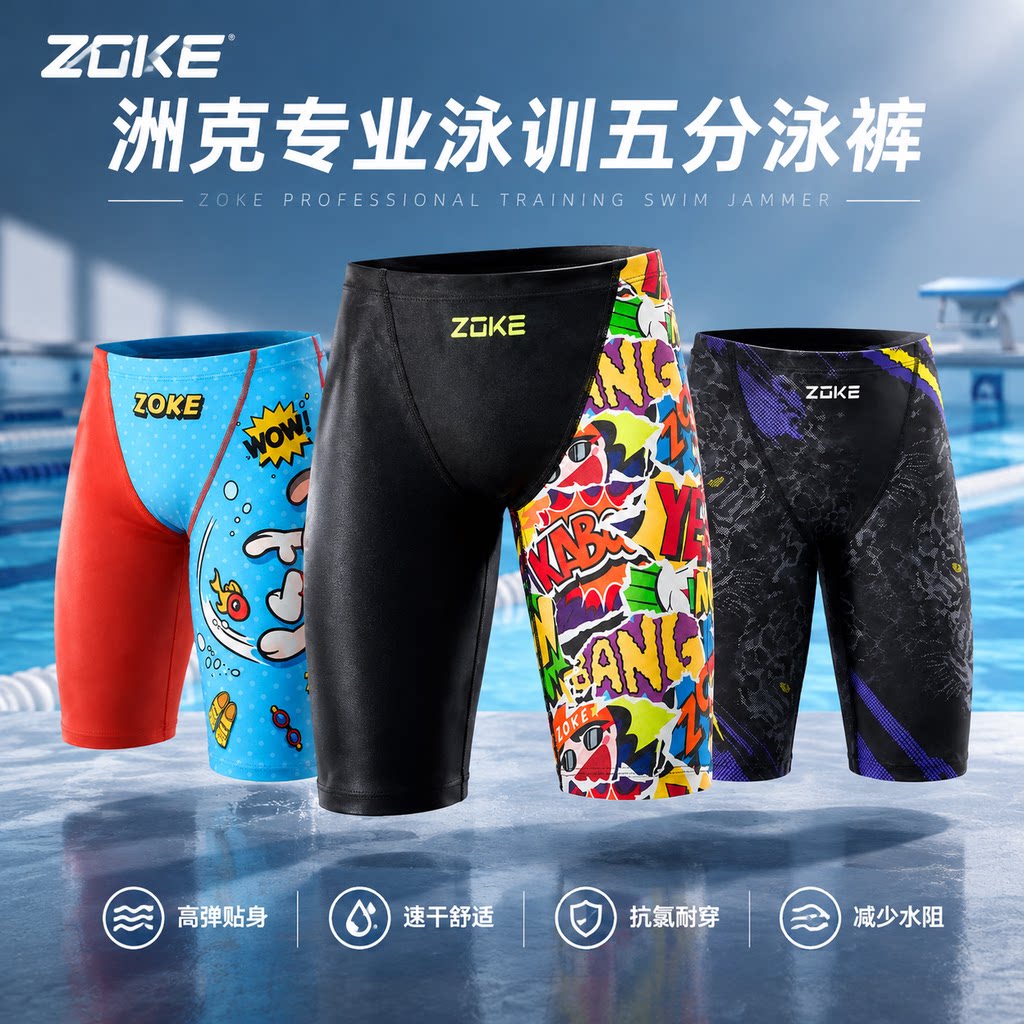 zoke洲克青少年儿童男童男孩游泳专业比赛训练竞速五分游泳裤新款