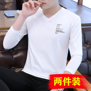 夏季 t恤男装 纯棉v领2025新款 秋衣打底衫 上衣服纯白色 男士 秋装 长袖