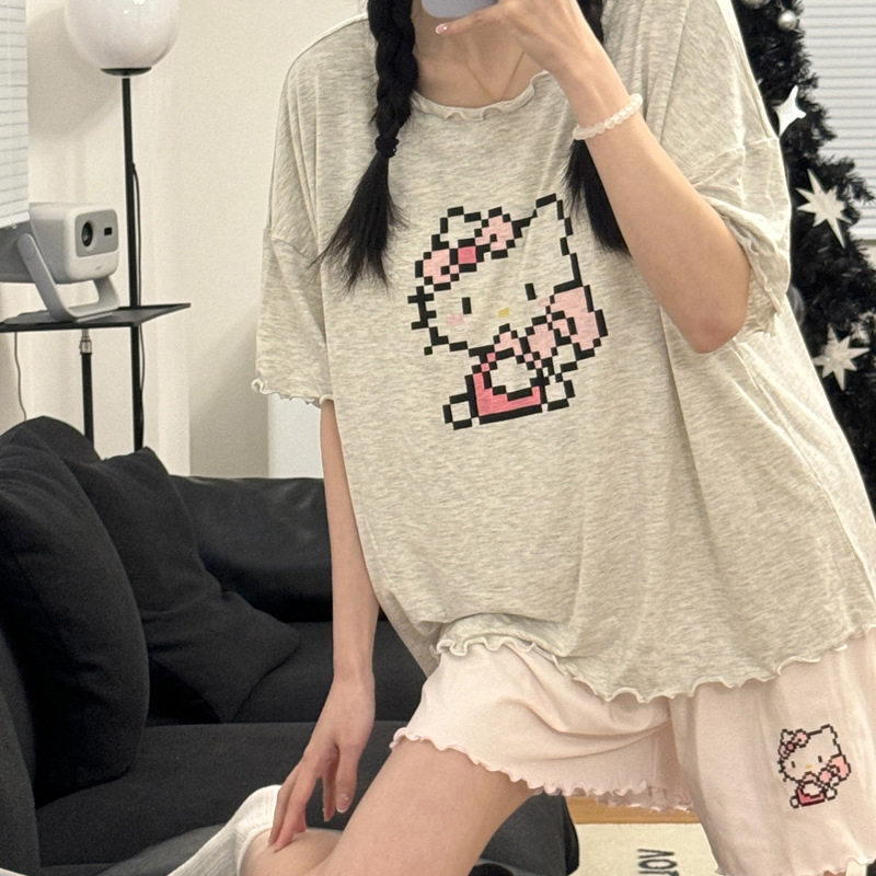 带胸垫莫代尔睡衣女2025年夏季新款卡通可爱学生韩版休闲短袖套装