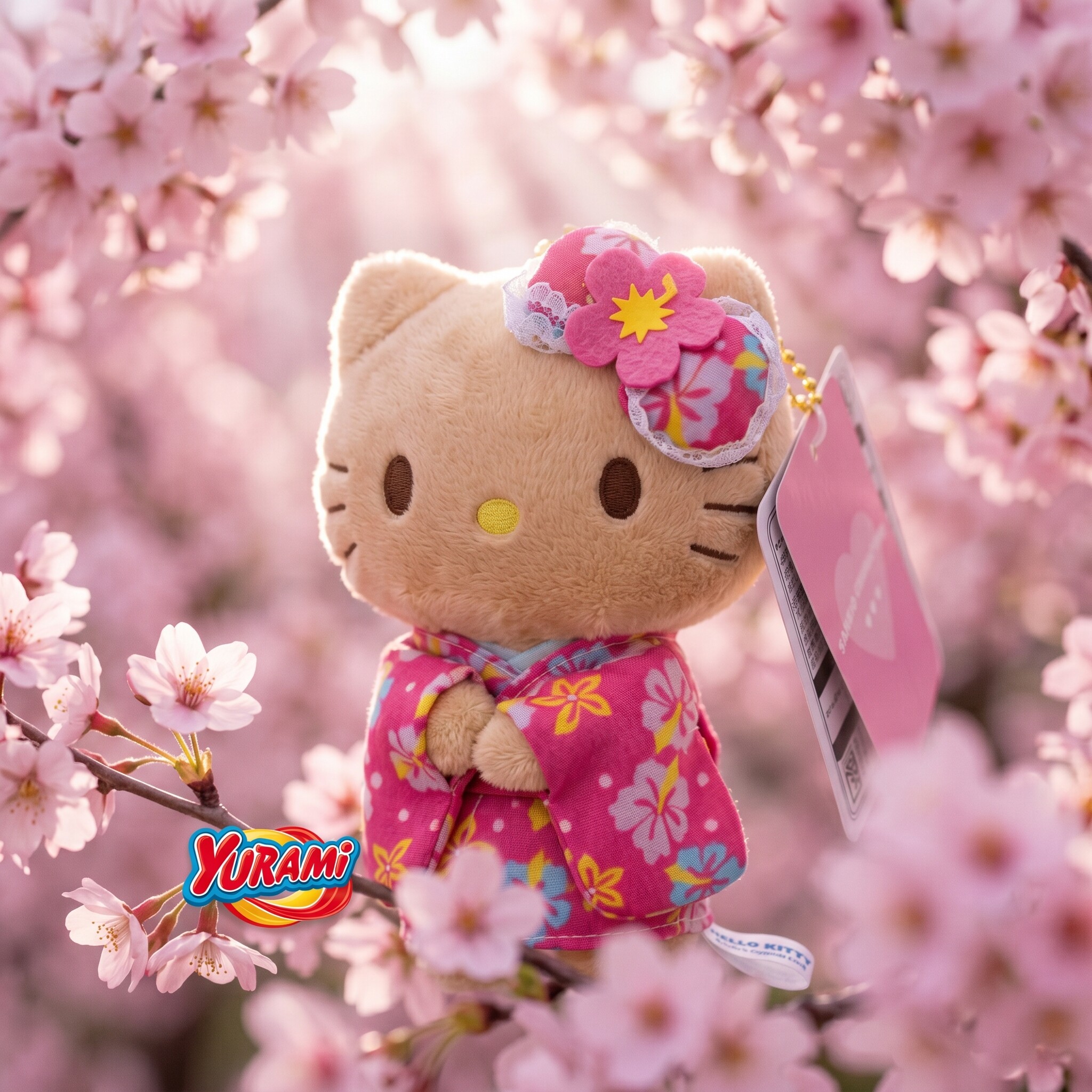 YURAMI日本黑皮樱花和服凯蒂猫KT毛绒玩偶挂包挂紫色蝴蝶结送礼