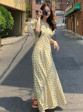 姜敏京同款法式雪纺碎花连衣裙泡泡袖黄色夏天显瘦长裙脚踝裙子女