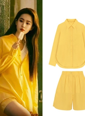 玫瑰的故事刘亦菲黄亦玫同款衣服黄色防晒衬衫上衣短裤三件套装女