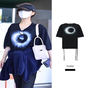 赵露思同款黑色圆领短袖T恤女夏宽松图案印花飘带小众设计感上衣