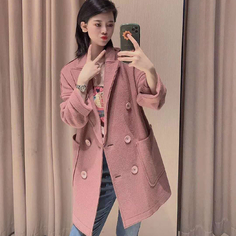 新颖阿玛施正旗舰店官网2020秋冬新款毛呢大衣女装正品纯色双排扣