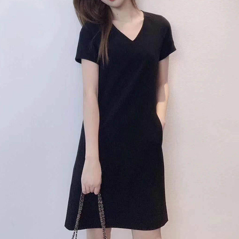 新颖阿玛施正旗舰店官网2020春夏新款女装V领收腰百搭短袖连衣裙