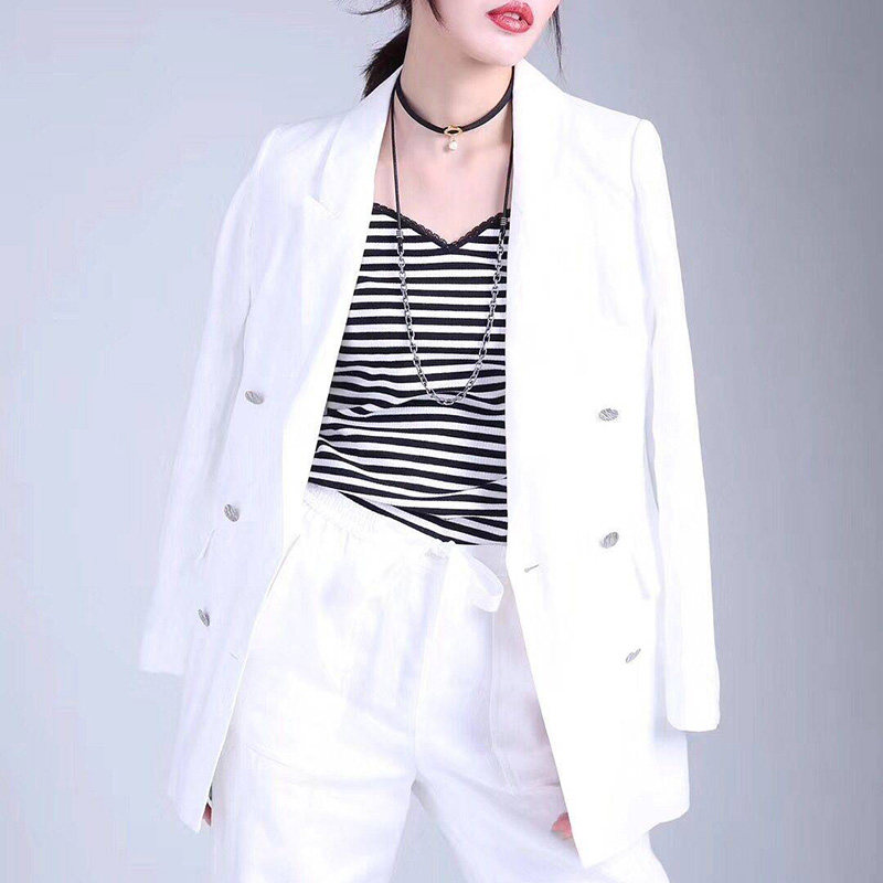 新颖阿玛施正旗舰店官网2020春新款西装女装正品百搭修身亚麻外套