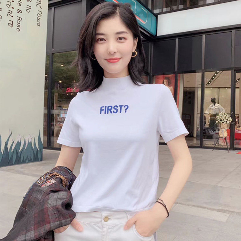 新颖阿玛施正旗舰店官网2020春新款T恤女装字母印花半高领短袖