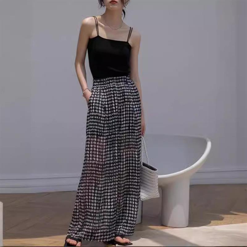 黑白波点高腰雪纺透视薄裙裤女2026夏季宽松很仙的垂感阔腿裤