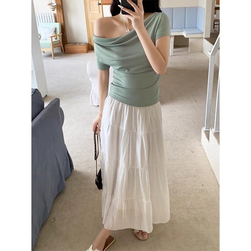 藏蓝色纯欲短袖T恤女夏季新款两穿收腰显瘦露锁骨一字肩露肩上衣