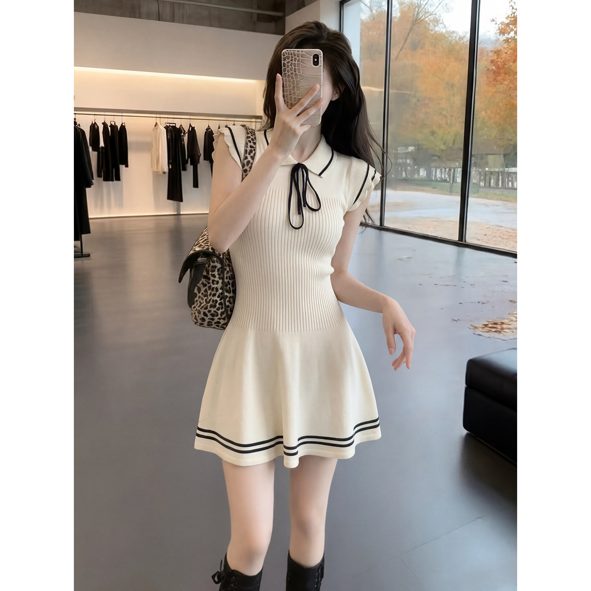 韩国冰丝针织连衣裙女夏法式小资穿搭大方得体绝美巨好看的学院风