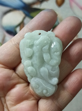 415缅甸天然翡翠吊坠雕刻件手把件飘花貔貅如意福瓜福寿卡50X31mm