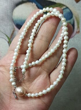 174天然珍珠项链淡水珠链生长纹土豆圆微瑕卡5mm左右花皮满48包邮
