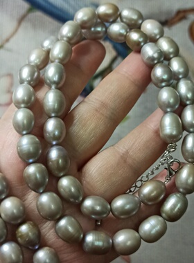 402天然淡水珍珠项链胖圆椭圆胖米珠奶奶灰香槟色卡10X9mm左右