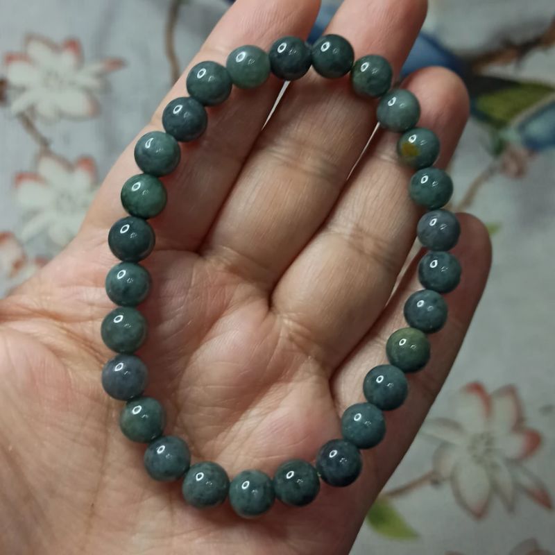 天然翡翠手串乌鸡飘花灰蓝圆珠