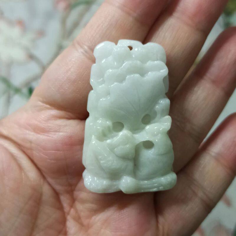 44天然翡翠吊坠飘花荷叶鸳鸯牌如意莲叶牌卡43X27mm左右满48包邮
