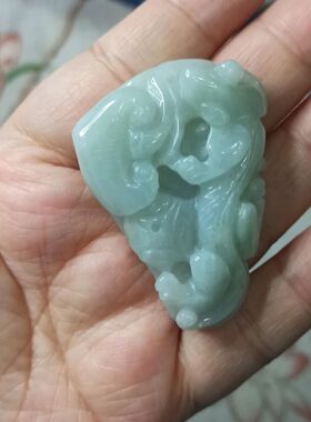 186缅甸天然翡翠吊坠雕刻件手把件飘花貔貅如意卡49X34mm48元包邮