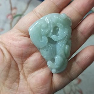 186缅甸天然翡翠吊坠雕刻件手把件飘花貔貅如意卡49X34mm48元包邮